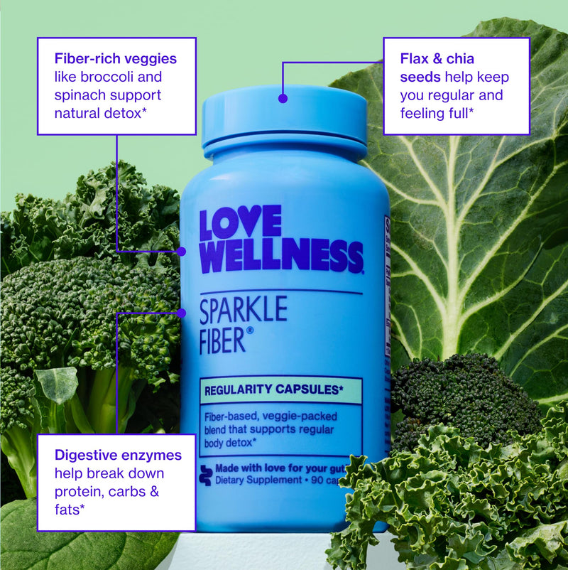 Love Wellness Sparkle Fiber| Fiber Supplement with Digestive Enzymes| 90 Ct | Contains psyllium husk, greens superfood blend, Flax & chia seeds, Fiber-rich veggies, Clean formula, Non-GMO, gluten-free