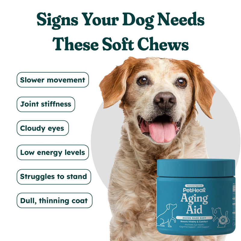 PetHeal Aging Aid Chews for Senior Dogs - Vet-Reviewed - Supports Joints, Energy & Vision with Hemp, DHA, Blueberry & Spinach | Fights Inflammation & Promotes Vitality | 30 Pork-Flavored Soft Chews