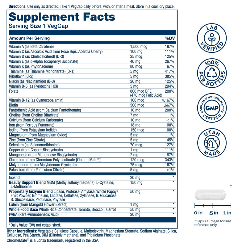 SOLARAY Once Daily Woman Multivitamin with Iron, 90 VegCaps | Women's Energy, Red Blood Cell & Immune Support - Hair, Skin, Nails & Digestive Enzymes - 90 Servings - Lab Verified Unflavored 90 Count (Pack of 1)