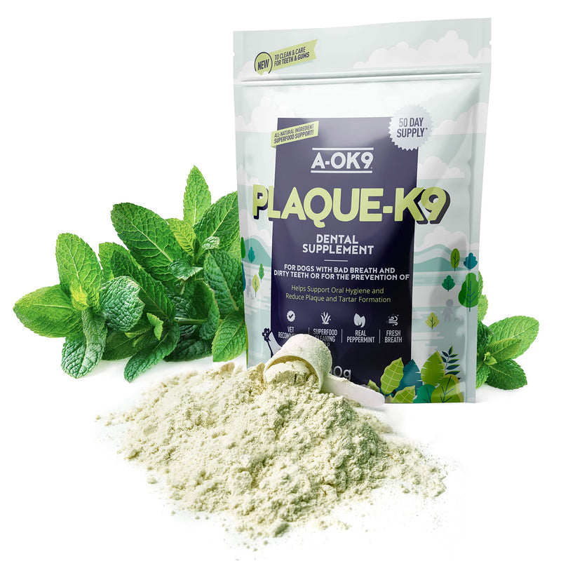 Plaque-K9 | Dental Care Supplement for Dogs | Removes Plaque, Bad Breath & Tartar | Support Oral Hygiene | Natural Ingredients & Superfoods | Mix with Dog or Puppy Food | Absolute Dogs 1 pouch