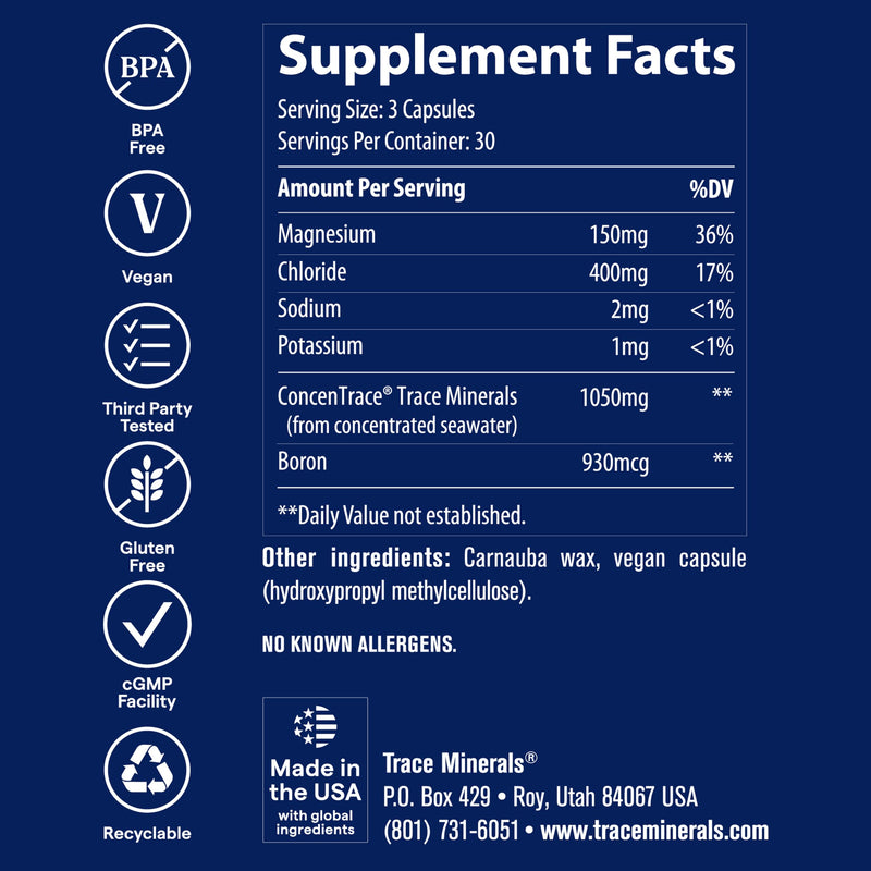 ConcenTrace Trace Mineral Capsules, 90-Count Electrolyte Support | Ionic trace mineral complex, Seawater-sourced minerals , Hydration and muscle recovery, No added fillers, 1-3 capsules daily