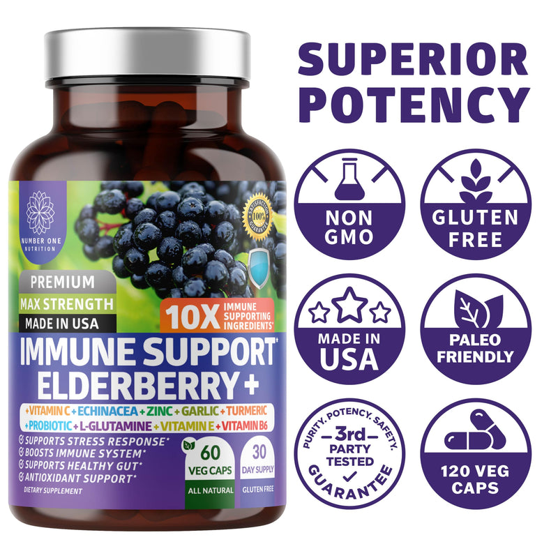 2-Pack N1N Premium 10-in-1 Immune Support Supplement [10 Potent Ingredients] with Elderberry, Vitamin C, Zinc, Echinacea, Turmeric Curcumin, Garlic and Probiotics for Adults, 120 Veg Caps 60 Count (Pack of 2)