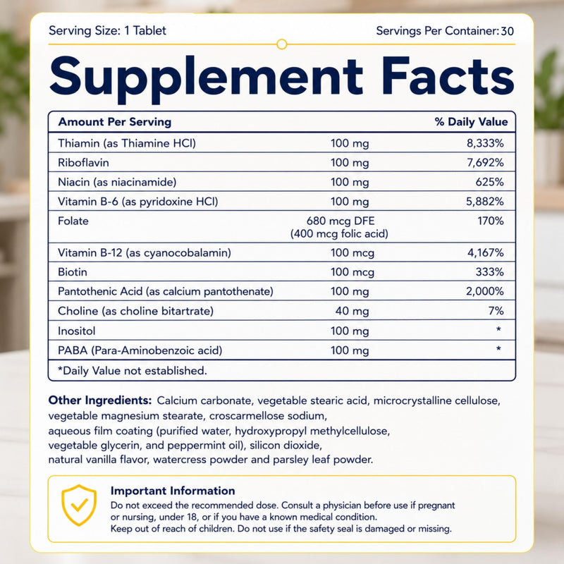 Youth & Tonic Super B Complex 100, Stress B Complex, PABA B-100 Vitamins | Calm & Steady Energy, High Potency Vitamin B Complex (Complejo B) with Choline Inositol, Men & Women, 30 Tablets 30 Count (Pack of 1)
