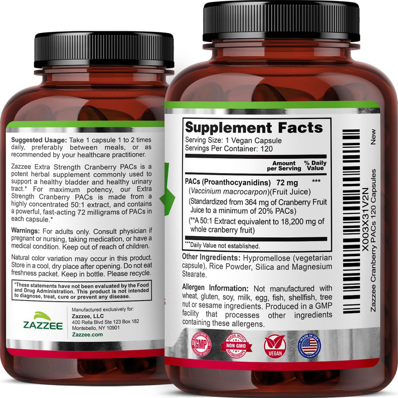 Zazzee Cranberry PACs, 72 mg PACs per Capsule, 2X Strength, 100% Soluble, 120 Vegan Capsules, 50:1 Extract, 18,200 mg Strength, Fast-Acting, Effective Urinary Tract Support, Made in The USA - BeesActive Australia