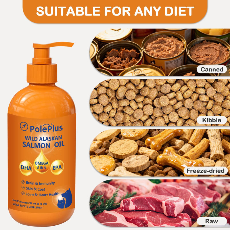 Wild Alaskan Salmon Oil Omega-3 & 6 Supplement with EPA DHA for Dogs & Cats, Supports Healthy Skin, Shiny Coat, Joint Mobility & Heart Health, 236ml (8 fl oz)