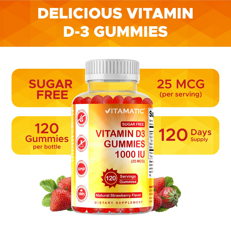 Vitamatic Sugar Free Vitamin D3-120 Pectin Based Gummies - Great Taste - Healthy Bones, Mood & Immune System Function - Non-GMO - 120 Servings (1000 IU) | Natural Strawberry Flavor, Sugar Free, Non GMO, Gluten Free 1000 IU