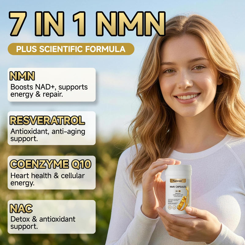 7 in 1 400mg NMN Supplement with NAC, Resveratrol & Coenzyme Q10 for Increased NAD Levels*, DNA Repair, Energy, Focus & Healthy Aging*, High Absorption Cellular Health Complex, 60 Capsules