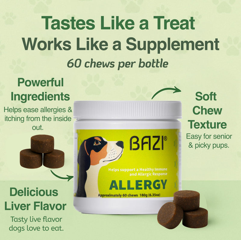 BAZI Allergy Relief Dog Chews – Quercetin, Turmeric, Ashwagandha, Probiotics & Colostrum – Seasonal Allergy, Immune & Digestive Support – for Itchy Skin & Hot Spots – All Breeds & Sizes