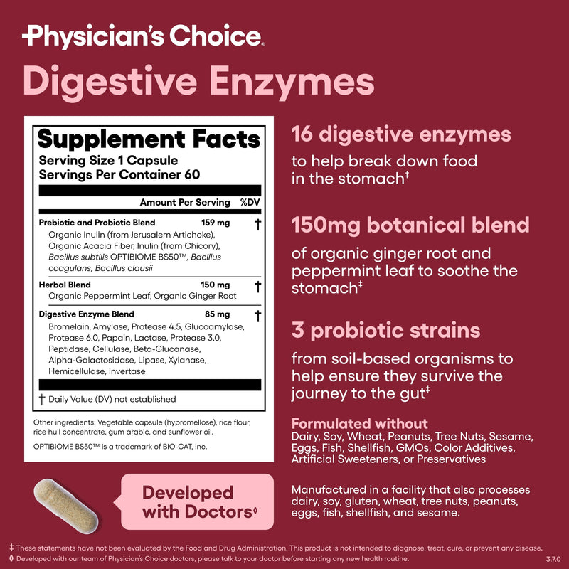 Physician's CHOICE Digestive Enzymes - Multi Enzymes, Organic Prebiotics & Probiotics for Digestive Health & Gut Health - Meal Time Discomfort Relief & Bloating - Dual Action Approach - 60 CT 60 Count (Pack of 1) - BeesActive Australia