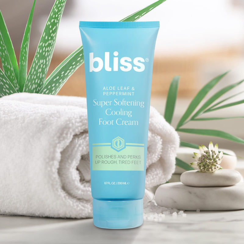 Bliss - Aloe Leaf & Peppermint Foot Cream | Super Softening AHA Exfoliating Cooling Cream | Exfoliator & Moisturizer | Vegan | Cruelty Free | Paraben Free | 4.0 fl. oz. 4 Fl Oz (Pack of 1)