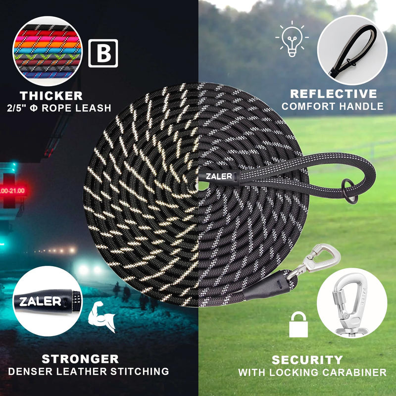ZALER Long Dog Leash, 50 feet 30ft 20ft 15ft 10ft Dog Training Lead, Heavy Duty Reflective Check Cord Recall Leash for Dogs Training, Playing, Camping, or Backyard (20FT, Black) 20FT*2/5" - BeesActive Australia