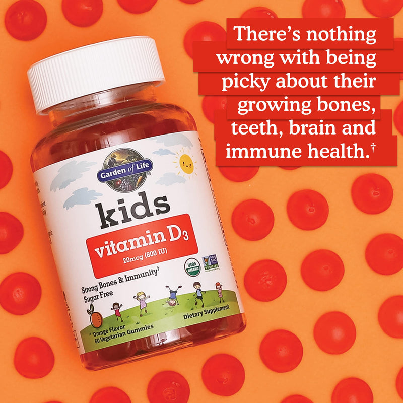 Garden of Life Kids Organic Vitamin D3 Gummies with 800 IU (100% Daily Value) for Strong Bones, Teeth, Brain & Immunity – Non-GMO, No Gluten, Vegetarian, Sugar Free, Orange Flavor, 60 Servings 60 Count (Pack of 1)