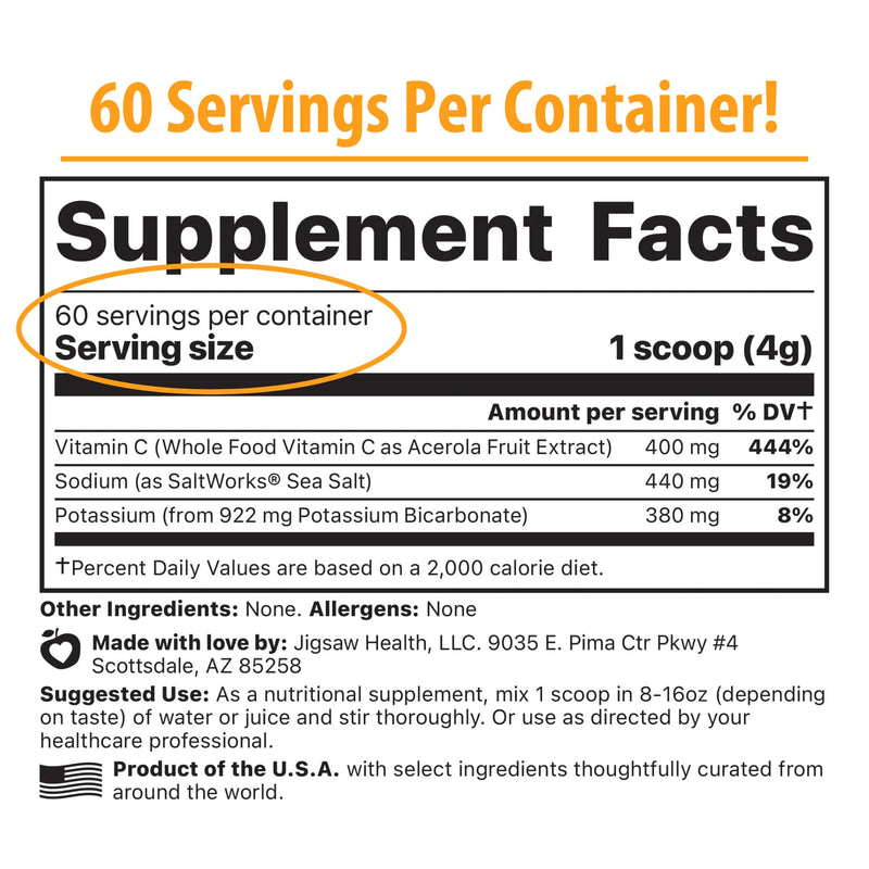 Jigsaw Health Adrenal Cocktail + Wholefood Vitamin C | with Potassium Bicarbonate, Sea Salt, and Acerola Cherry Extract | 60 Servings (Jar) Jar