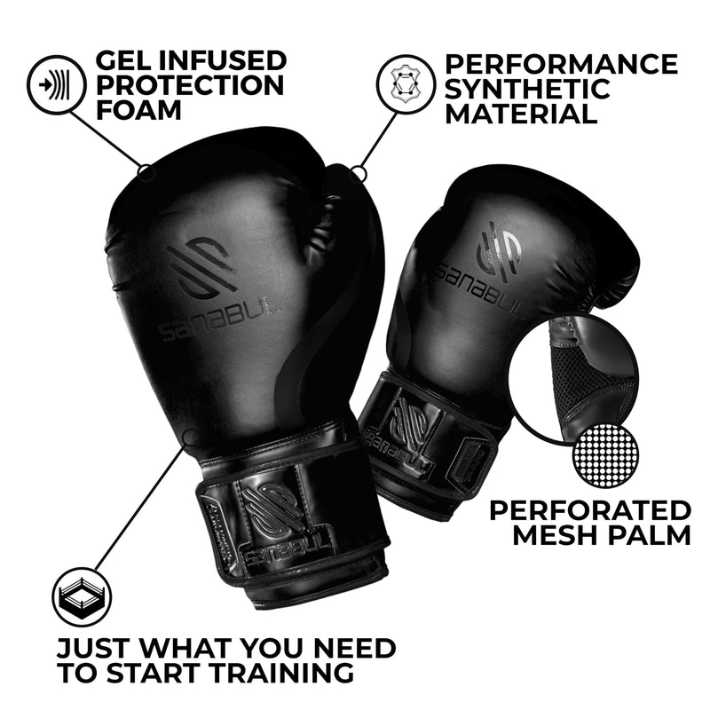 Sanabul Essential Gel Boxing Gloves for Men & Women, Kickboxing MMA, Muay Thai Gloves and Heavy Bag Training Punching & Sparring AllBlack 10 oz