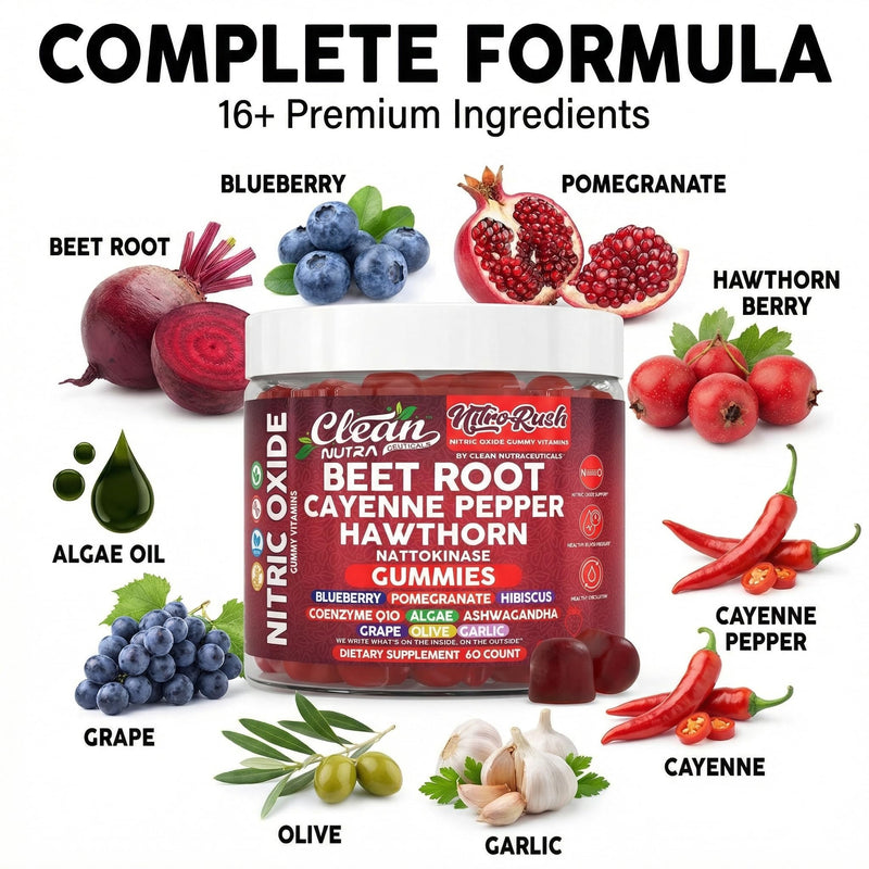 Nitro Rush Nitric Oxide Gummies Beet Root Cayenne Pepper Pomegranate Vitamin C Hawthorn Nattokinase Blueberry Hibiscus Coenzyme Q10 Algae Ashwagandha Root Grape Olive Garlic 60 Count by Clean Nutra