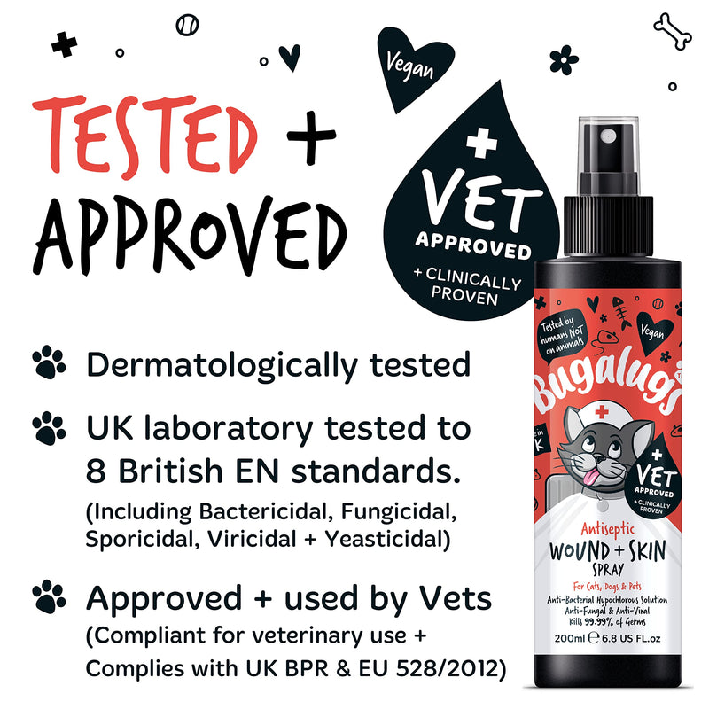 BUGALUGS Cat Wound & Skin Antiseptic spray 200ml - Antibacterial, Antiviral, Antifungal spray for itchy cat skin relief - Hypochlorous acid essential first aid kit for Cats and Pets Cat 200ml