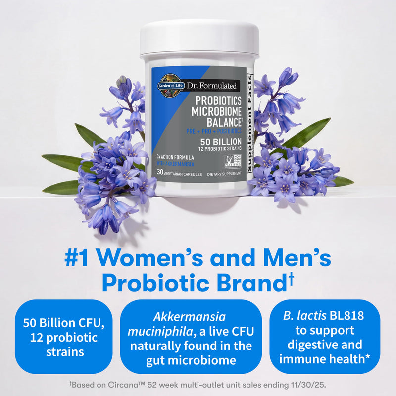 Garden of Life Dr. Formulated Microbiome Balance Probiotic, 50B CFU, 30ct | Pre, Pro & Postbiotics, 12 Probiotic Strains, Digestive Health, Immune Support, Non-GMO, Gluten-Free, Vegetarian
