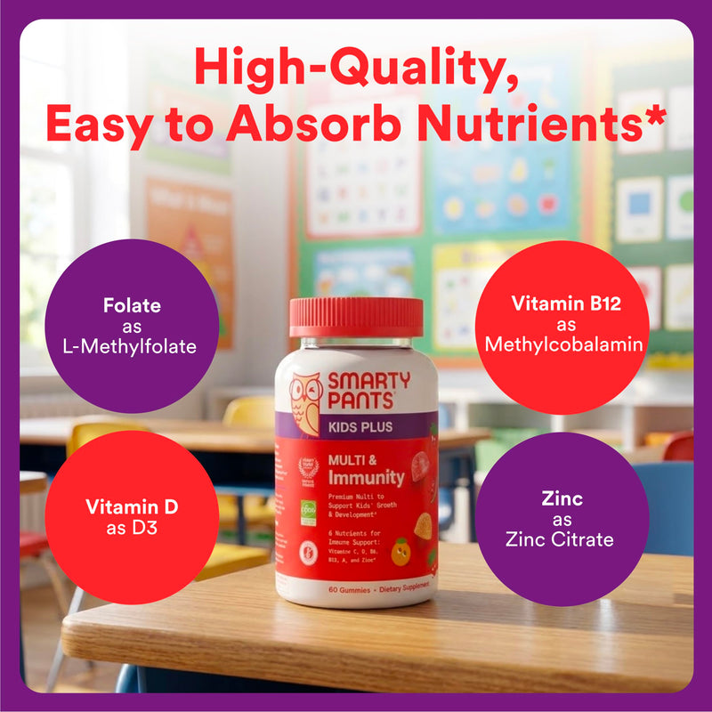 SmartyPants Kids Plus Multi & Immunity Multivitamin Gummies with Vitamins C, D, B6, B12, A, Zinc, Biotin, Iodine, Gluten Free, Clean Label, Two Fruit Flavors, 60 Gummies (30 Day Supply) 1 Count (Pack of 1) Multi + Immunity
