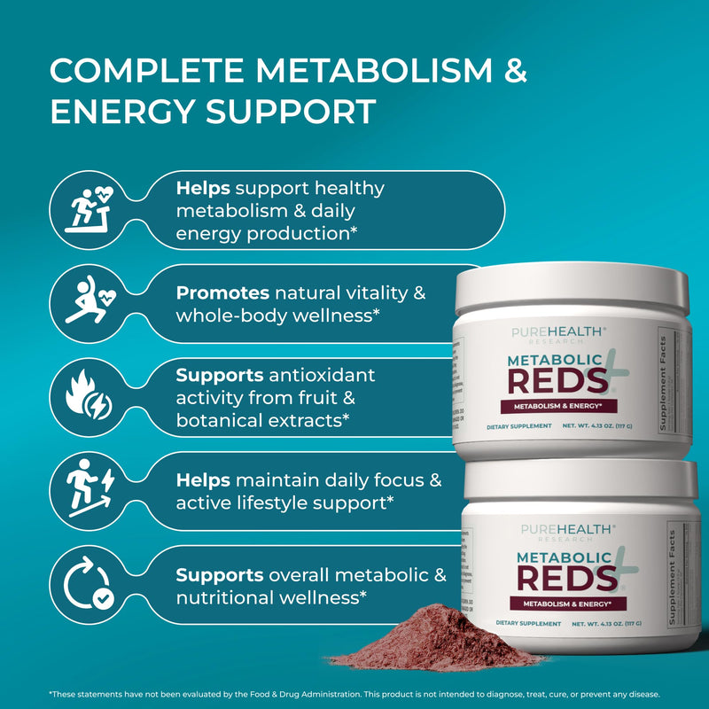 PUREHEALTH RESEARCH Metabolic Reds - Organic Superfood Powder Supplement | Fruit, Veggie, Adaptogenic, Probiotic Blends & More - For Metabolism & Energy Support - 4.13 Oz. - 30 Servings