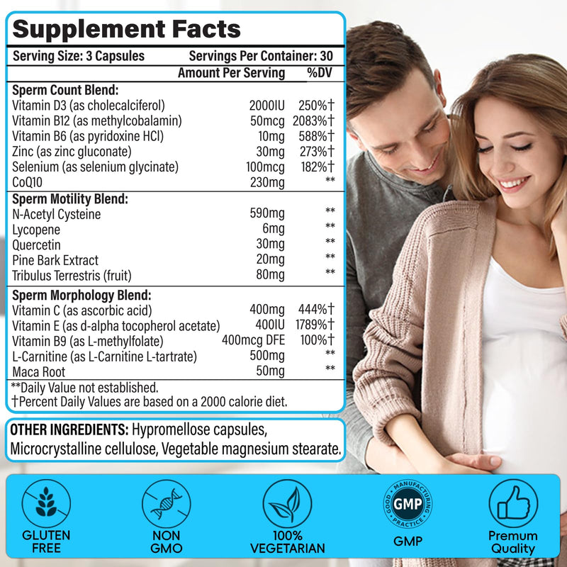 Male Fertility Supplements, Advanced Fertility Supplement for Men Optimal Sperm Count Motility & T-Level with Maca Root, Tribulus Terrestris, Zinc, CoQ10, Pre Conception for Him, 90 Caps