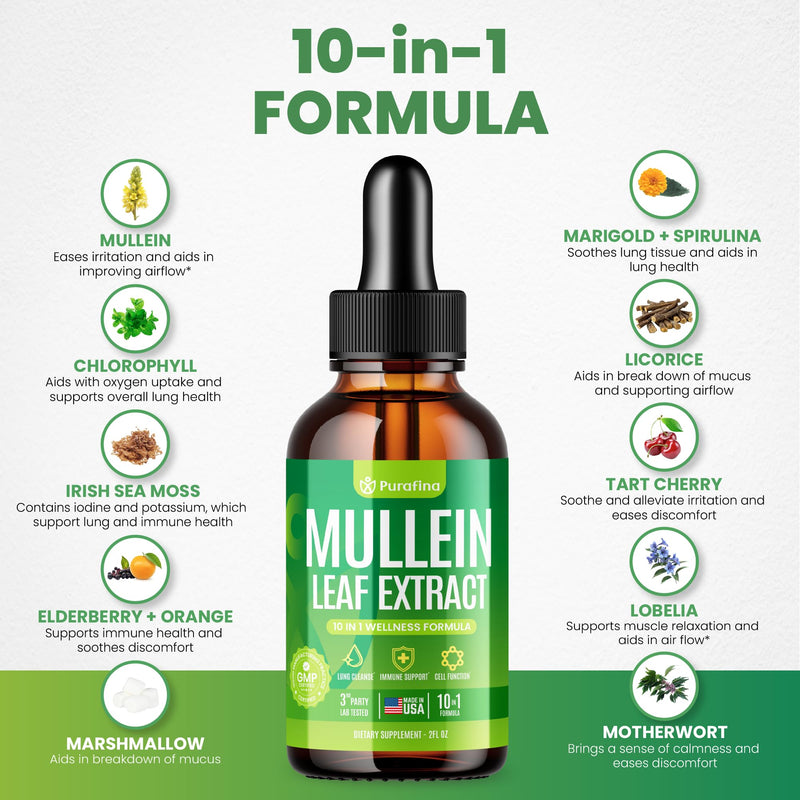 Mullein Drops for Lungs, 10-in-1 Mullein Leaf Extract for Lung Cleanse with Chrolophyll, Sea Moss, Spirulina, Elderberry Organic Respiratory Health Lung Detox - USA Made Mullin Supplement (1 Bottle)