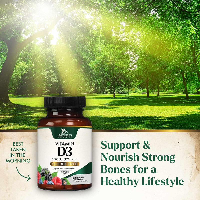 Vitamin D3 5000 IU (125 mcg) Per Serving - Extra Strength Vitamin D Chewable for Immune Support Health - Bone, Teeth and Muscle Supplements - Sugar Free, Gluten Free, USA Bottled - 60 Count Tablets 60 Count (Pack of 1)
