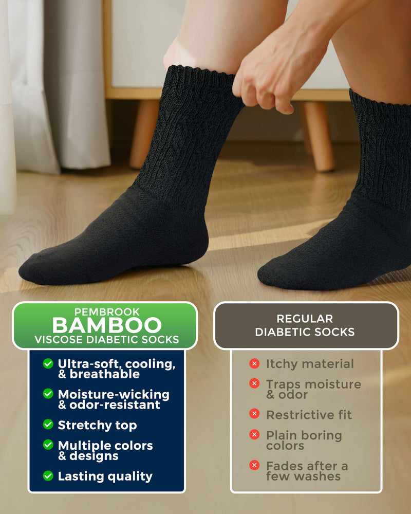 Pembrook Diabetic Socks for Women - 6 Pairs Cable Knit Viscose Bamboo Socks Woman, Non-Binding Top, Moisture-Wicking Black/White/Beige/Aqua/Blue/Navy - 6 Pairs Medium - BeesActive Australia