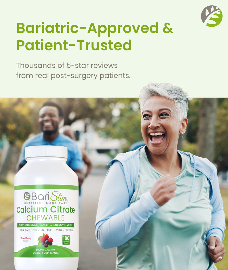 BariSlim Bariatric Calcium Citrate with Magnesium Citrate & Vitamin D Chewable Tabs - 500mg Calcium Citrate - Formulated for Post Weight Loss Surgery - Supports Bone Health | Mixed Berry | 180 Tabs