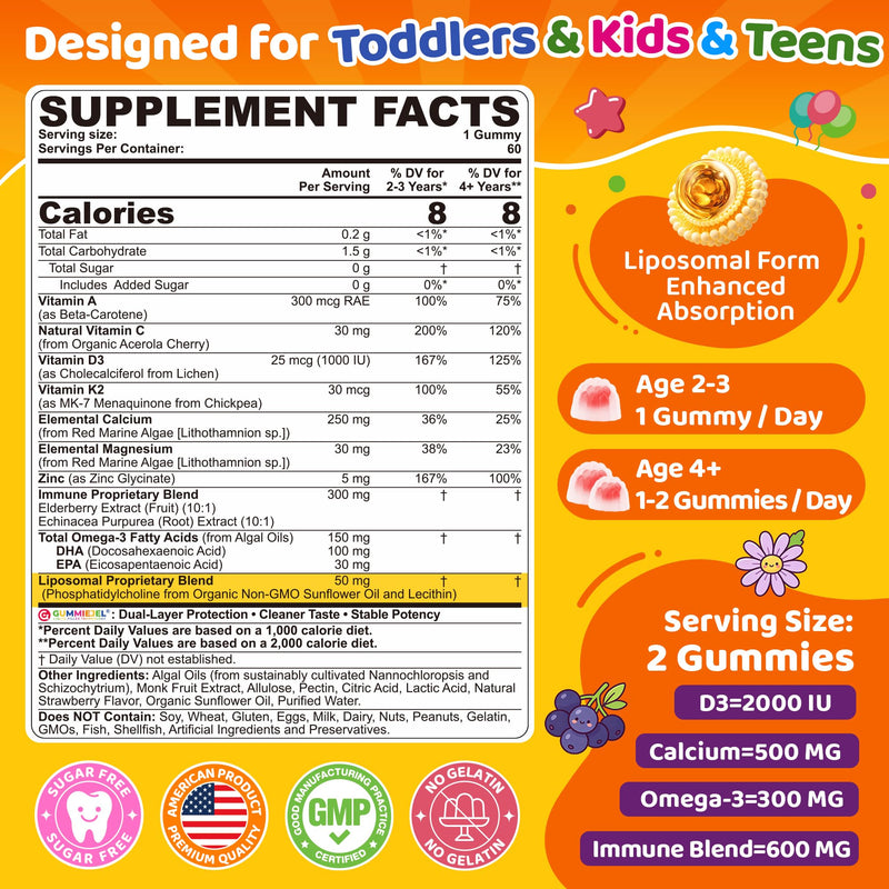 Nextdia Toddler 2-3 & Kids Vitamin D3 K2 + Calcium 500mg / 250mg Gummies | 1000 / 2000 IU D3 w/ Omega3 DHA, Elderberry, Mag, Teens Kids Vitamin ADK, Bone, Calcium Absorption, Immune, Brain, Sugar-Free