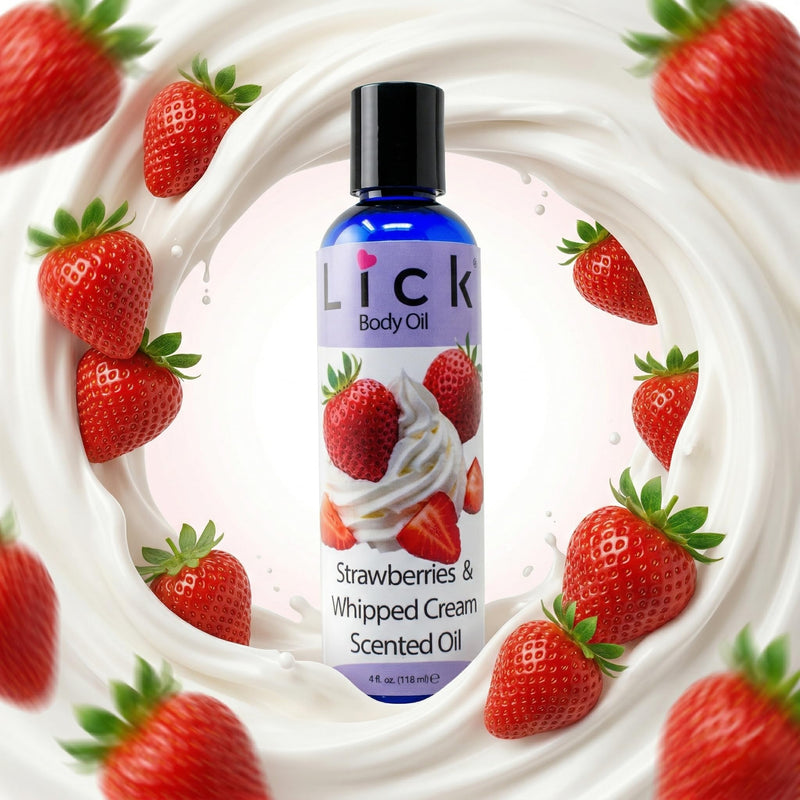 LICK Strawberries & Whipped Cream Scented Body Oil – Non-Greasy Daily Hydration with Almond Oil & Vitamin E – 4 oz