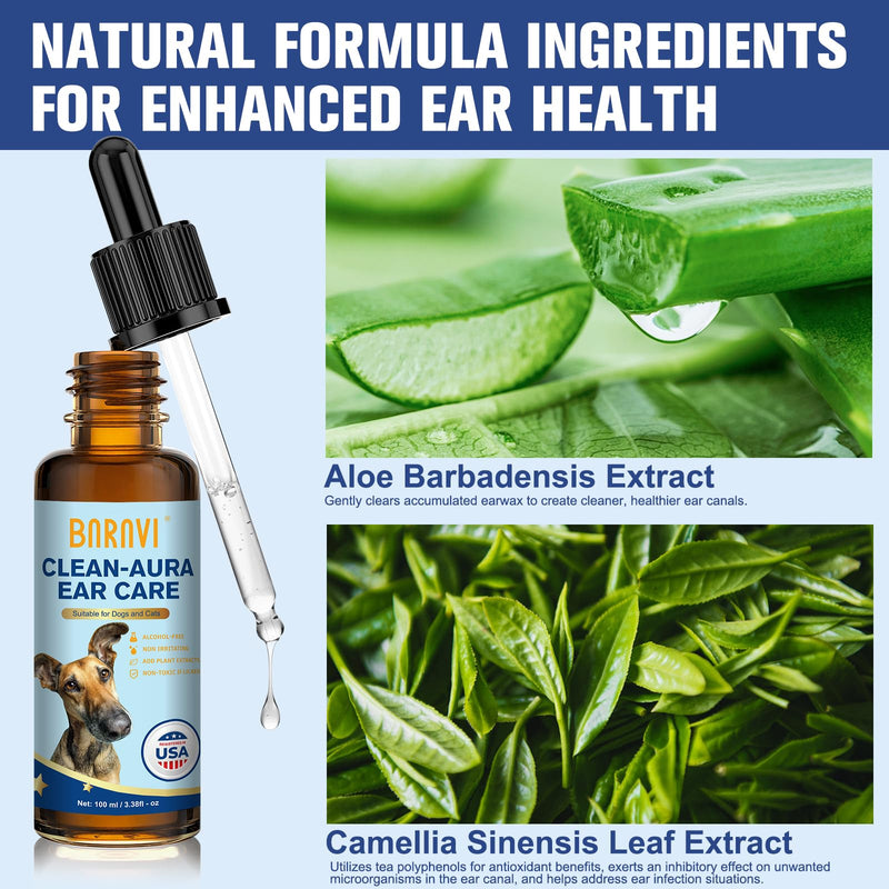 BARAVI Clean Aura Ear Cleaner for Dogs & Cats, 3.38 fl oz (100ml) Natural Formula Nourish & Soothe Pet Ear Care (Blue, S) Blue