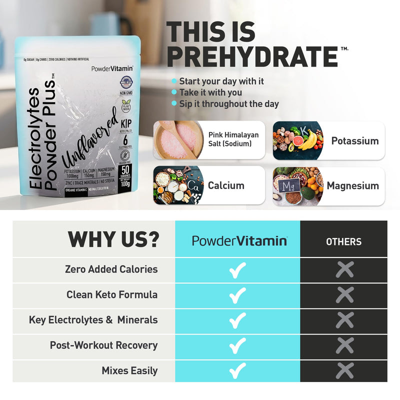 PowderVitamin Electrolytes Powder Plus - 50 Servings - Unflavored | Sugar-Free Hydration Powder, 1000mg Potassium, 120mg Magnesium, 120 mg Calcium, Himalayan Salt, Vitamin C & Zinc, USA Made 50 Servings (Pack of 1)