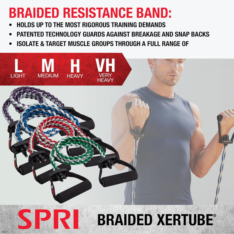SPRI Braided Xertube Resistance Bands – Premium Exercise Band for Men & Women – Workout Equipment for Home Gym Fitness Training – Comfort Grip for Strength, Weights, and Resistance MEDIUM