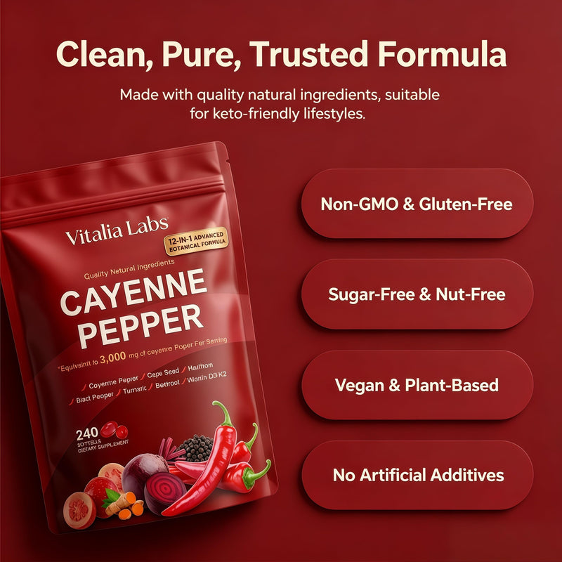 Vitalia Cayenne Pepper Softgels, Supplement with Vitamin E, D3+K2-240 Count