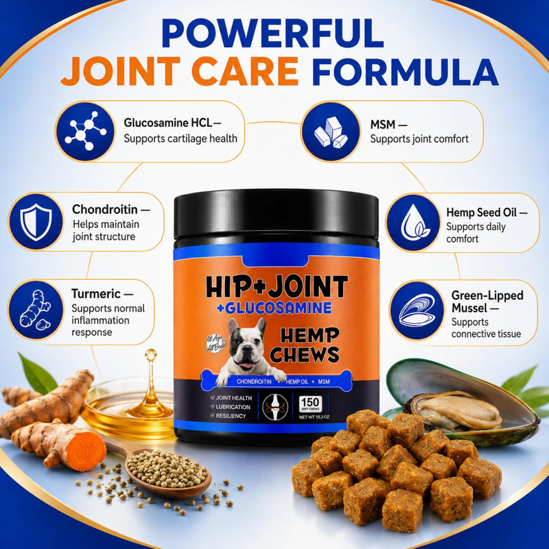 Hip & Joint Glucosamine Hemp Chews for Dogs (Duck Flavour | 150 Soft Chews) – Mobility Support Supplement with Chondroitin MSM, Joint Pain Relief & Flexibility Support