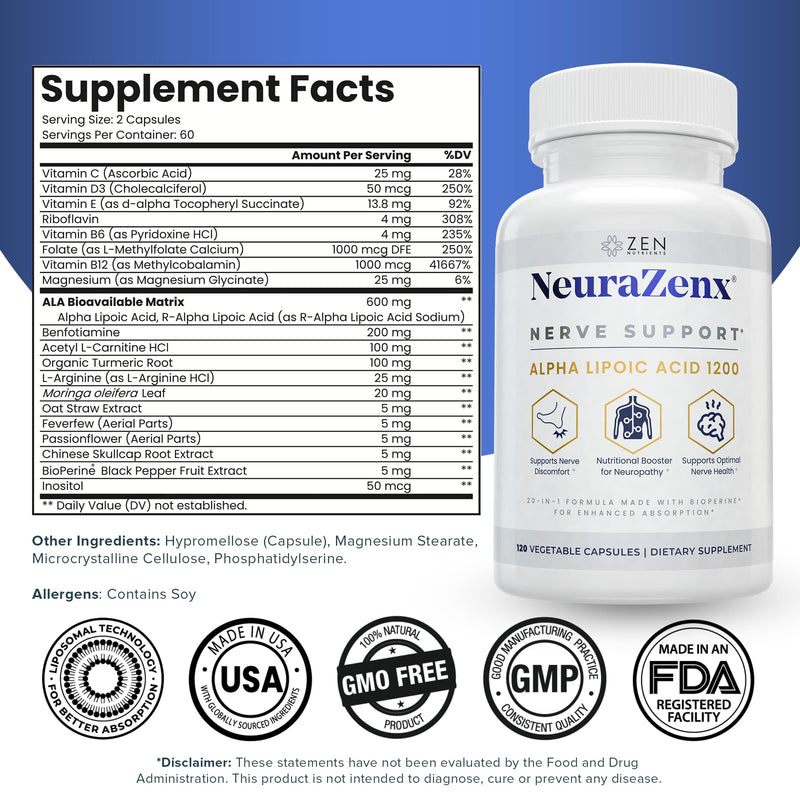 Zen Nutrients NeuraZenX Nerve Support & Peripheral Neuropathy Support Supplement with 1200mg Alpha Lipoic Acid (ALA), Benfotiamine, L-Carnitine, and Turmeric 120 Count (Pack of 1)