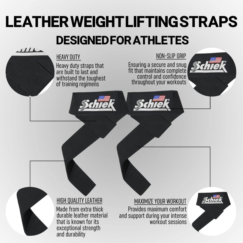Schiek Sports Model 1000LLS Leather Weight Lifting Straps Black