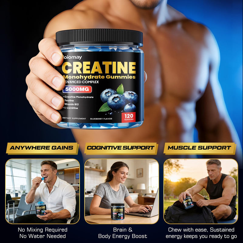 Creatine Gummies for Men & Women, 5-in-1 Complex with Taurine, L-Carnitine, Vitamin B12 & B6 Support Muscle, Recovery, 5g Creatine Monohydrate Gummies Post & Pre Workout Supplements, 120 Count 120 Count (Pack of 1)