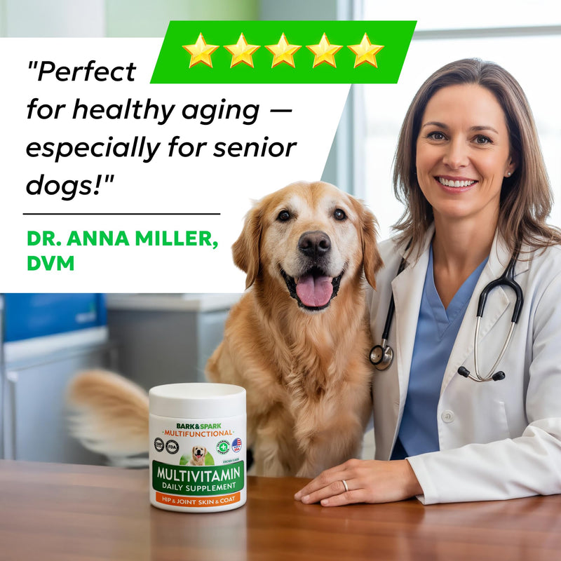BARK&SPARK Dog Multivitamin Chews Glucosamine Chondroitin with Omega 3, Digestive Enzymes & Probiotics | Vitamins and Supplements for Dogs Pet Skin & Coat & Joint & Gut Health Support - 120ct