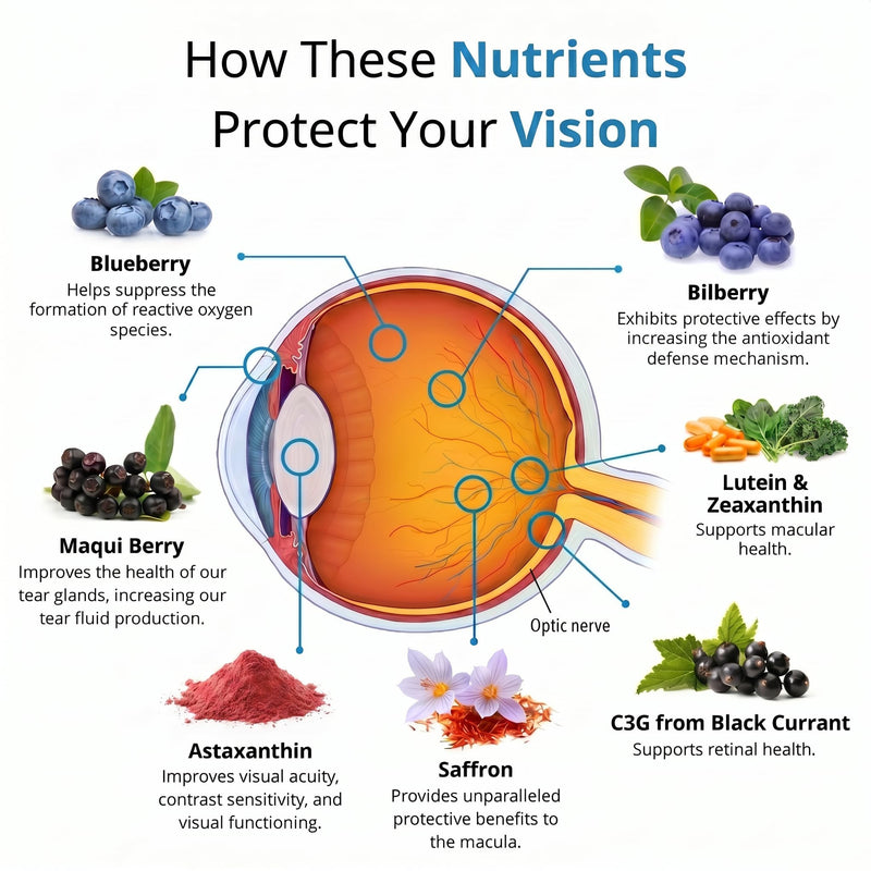 Eye Health Supplement with 8 Natural Ingredients - Bilberries, Blueberries, Saffron, Astaxanthin, Lutein - Supports Vision Health - 60 Veggie Capsules