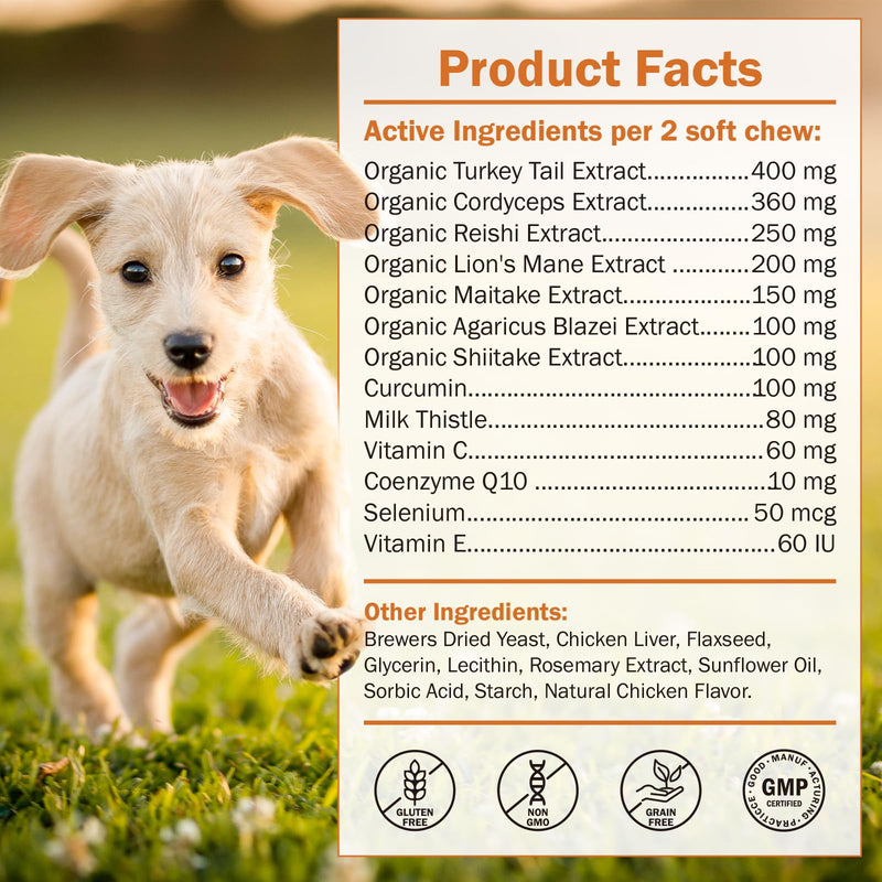 Turkey Tail Mushroom Guard for Dogs Lumps and Bumps, Lipoma Treatment for Dogs, 7 Organic Mushrooms Blend for Immunity, Longevity with Beta-Glucans, Dog Lumps Supplement, 90 Chews, Chicken Flavor
