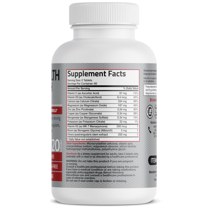 Bronson Bone Health & Strength Complex* High Potency Formula 200 MCG of Vitamin K2 as MK7, Plus Calcium, Boron, Cissus Quadrangularis, Magnesium, Vitamin D3, and More - Non-GMO, 120 Tablets 120 Count (Pack of 1)