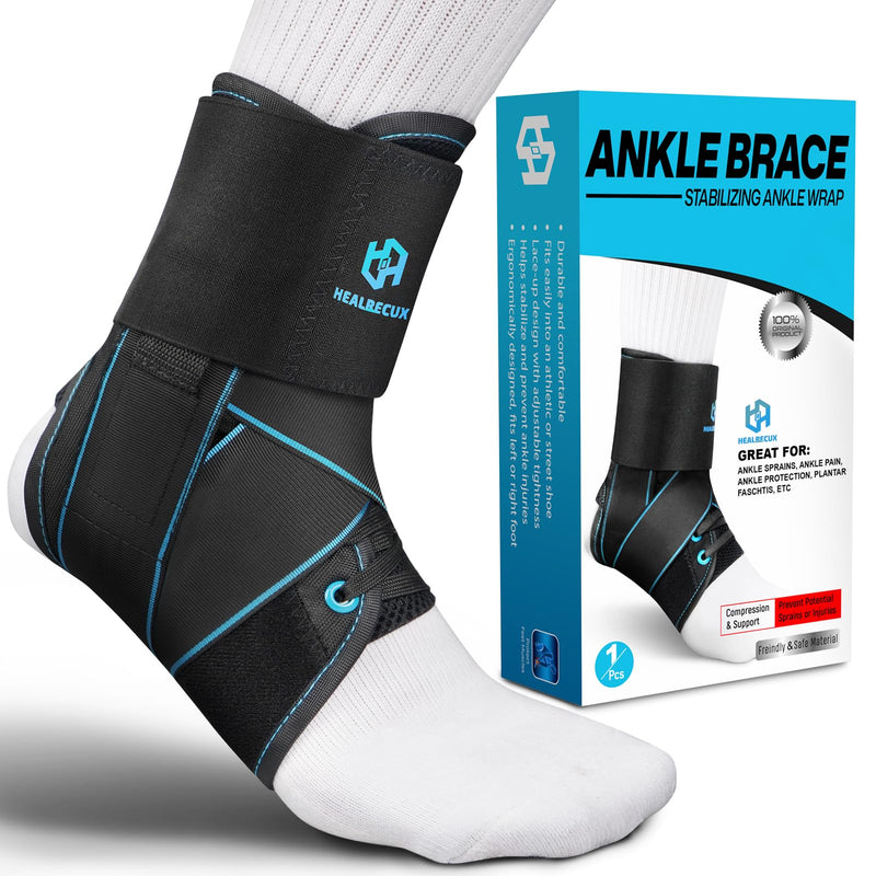 Healrecux Lace Up Ankle Brace for Women Men, Ankle Support for Sprained Ankle, Plantar Fasciitis Brace Ankles Stabilizer Wrap for Basketball, Volleyball, Sports, Injury Recovery, L Blue Stripes Large