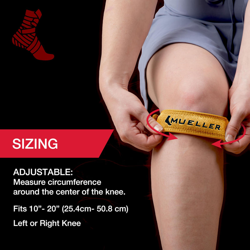 MUELLER Sports Medicine Jumper's Knee Single Strap for Men and Women, Knee Compression and Pain Relief Support, Ideal for Osgood-Schlatter's, Patellar Tendinitis, One Size Gold One Size (Pack of 1) - BeesActive Australia