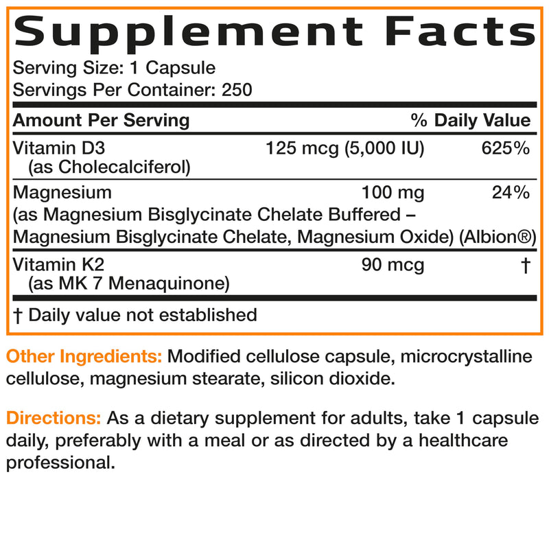 Bronson Vitamin K2 + D3 Magnesium Glycinate, Vitamin K2 as MK-7, 3 in 1 Formula, 250 Capsules 250 Count (Pack of 1)