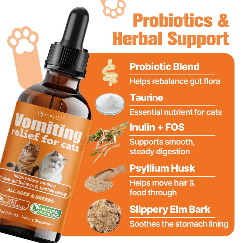 Cat Vomit Remedy & Vomiting Relief for Cats, Cat Digestive Support with Probiotics & Herbs for Sensitive Stomachs, Helps Calm Vomiting & Nausea from Hairballs, Indigestion, Diet Changes or Mild Stress