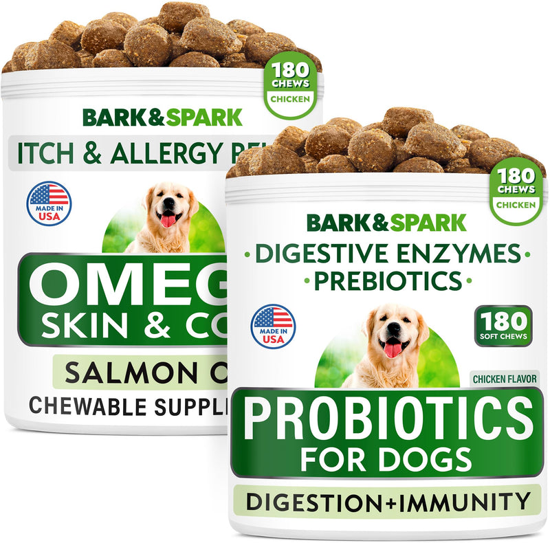 Dog Probiotics Chews + Omega 3 for Dogs Bundle - Gas, Diarrhea, Constipation, Upset Stomach Relief + Allergy and Itch Relief - Digestive Enzymes + Prebiotics + Omega 3 - Skin and Coat Support