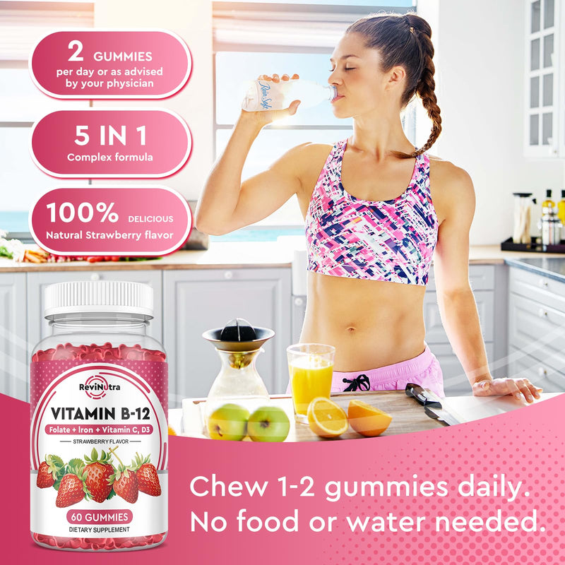 Vitamin B12 Gummies - 5000 mcg Methylcobalamin with Iron, Vitamin C, D3 & Folate, Energy Support and Metabolism, Immune, B-12 Complex Chewable Supplement for Men & Women,Strawberry Flavor Strawberry 60 Count (Pack of 1)