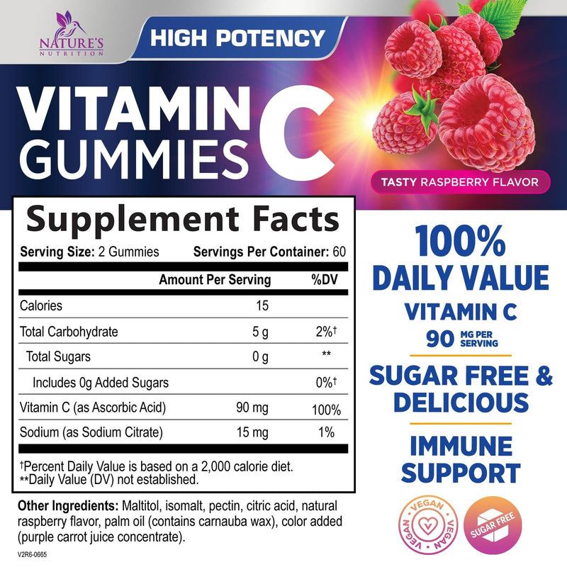 Zero Sugar Vitamin C Gummies - Immune Support & Antioxidant VitaminC Dietary Supplement - Vegan, Non-GMO, Dairy & Gluten Free C Vitamin Gummy - Raspberry Flavor for Kids & Adults - 120 Count Gummies 120 Count (Pack of 1)