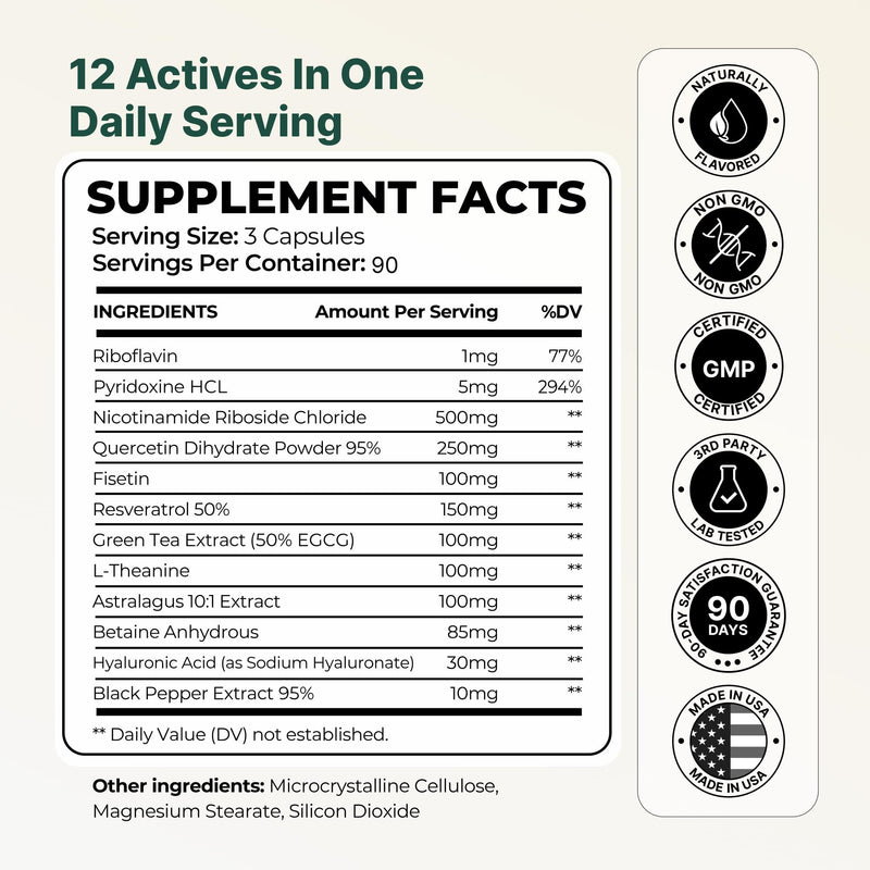 NAD+ Supplement with Quercetin, Resveratrol, Green Tea Extract, Fisetin & L-Theanine - Multi Ingredient Capsule Formula - 90 Capsules - 30 Servings